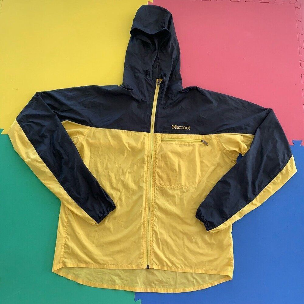 Marmot Full Zip Hooded Size Large Windbreaker Jacket Coat Gray and Yellow *Flaws